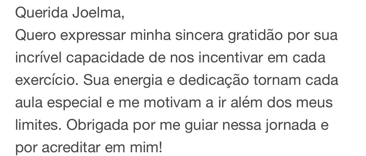 Print de mensagem de WhatsApp de aluna agradecendo a Joelma